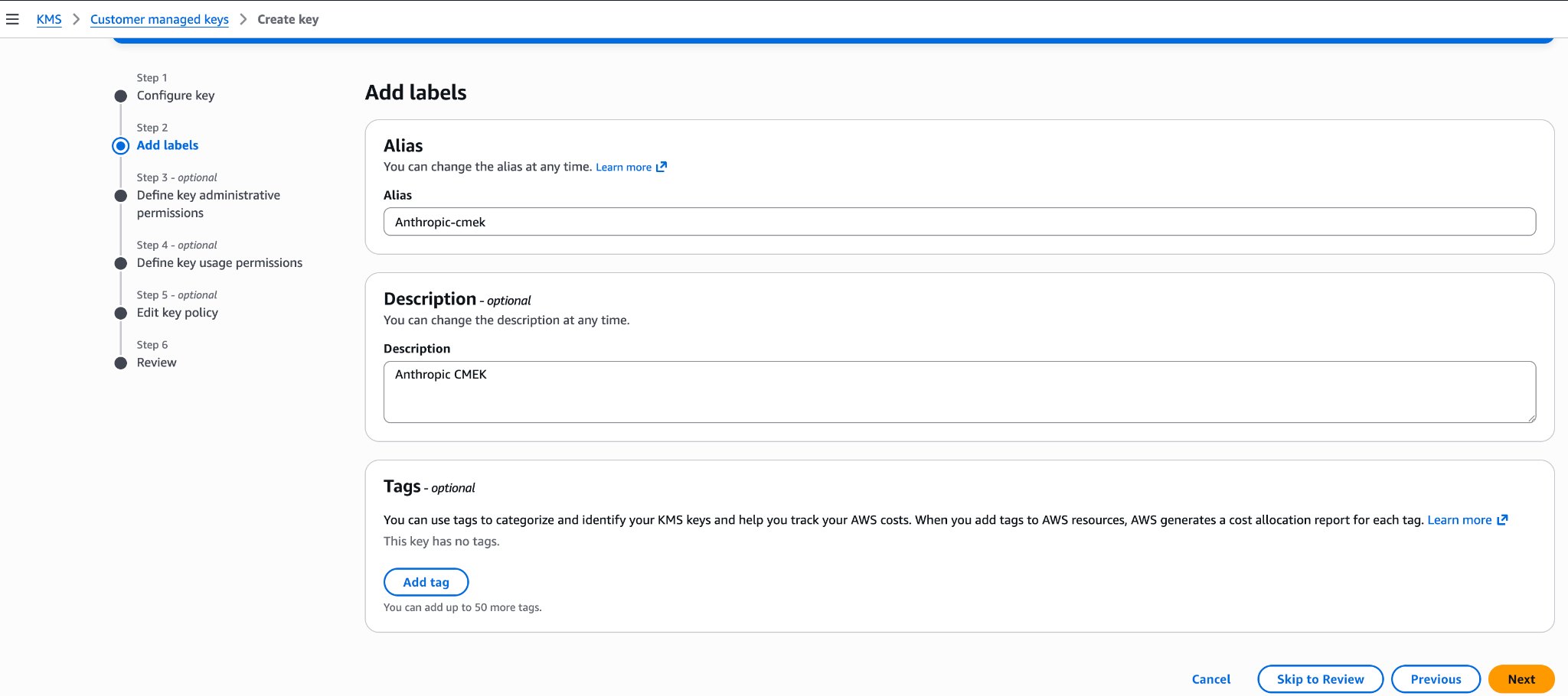 AWS KMS Add labels step with an alias of anthropic-cmek and a description of Anthropic CMEK.