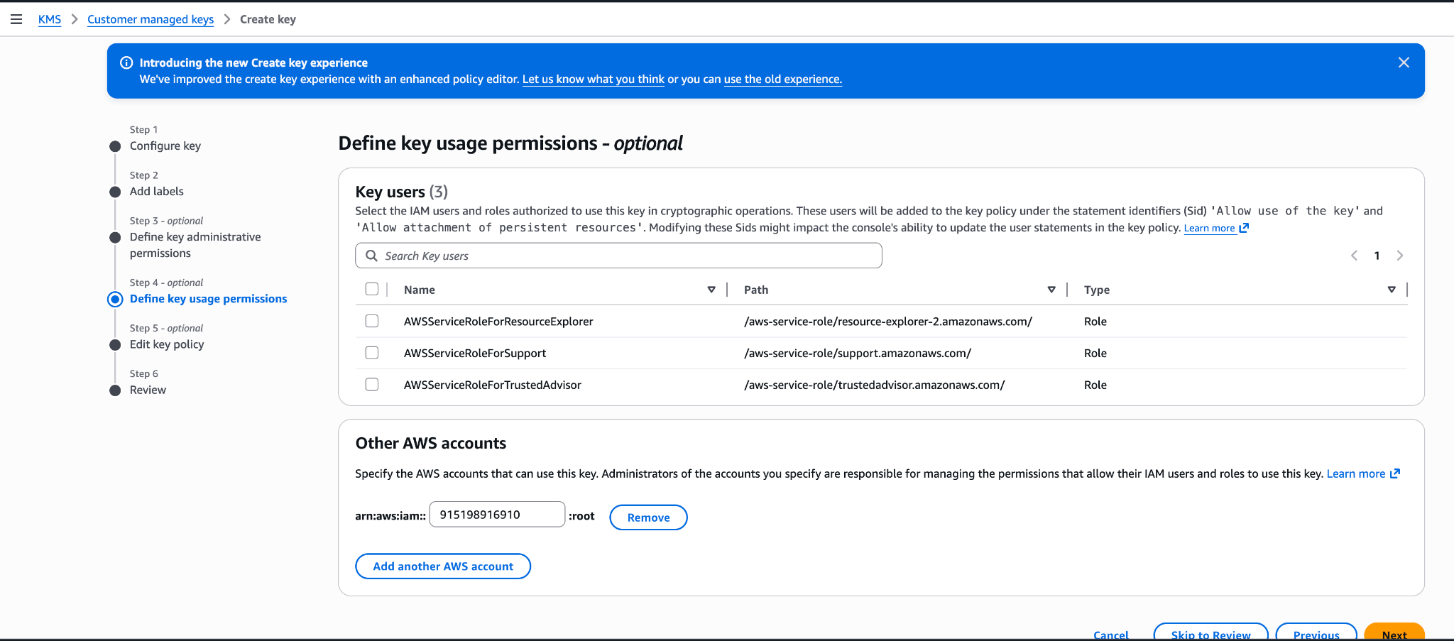 AWS KMS Define key usage permissions step with Anthropic's account ID entered under Other AWS accounts.