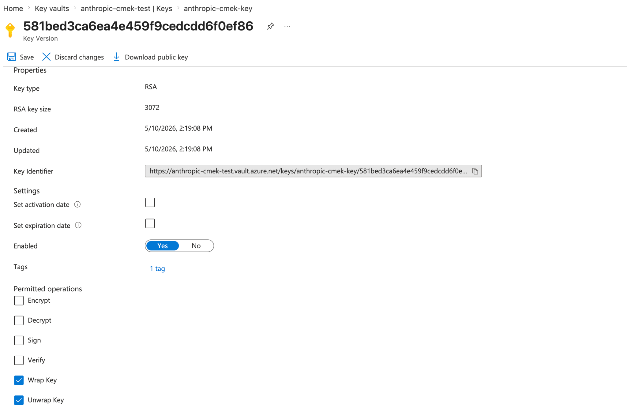 태그 1개가 있고 Permitted operations 항목이 Wrap Key와 Unwrap Key로 제한된 Azure Key Vault 키 버전.