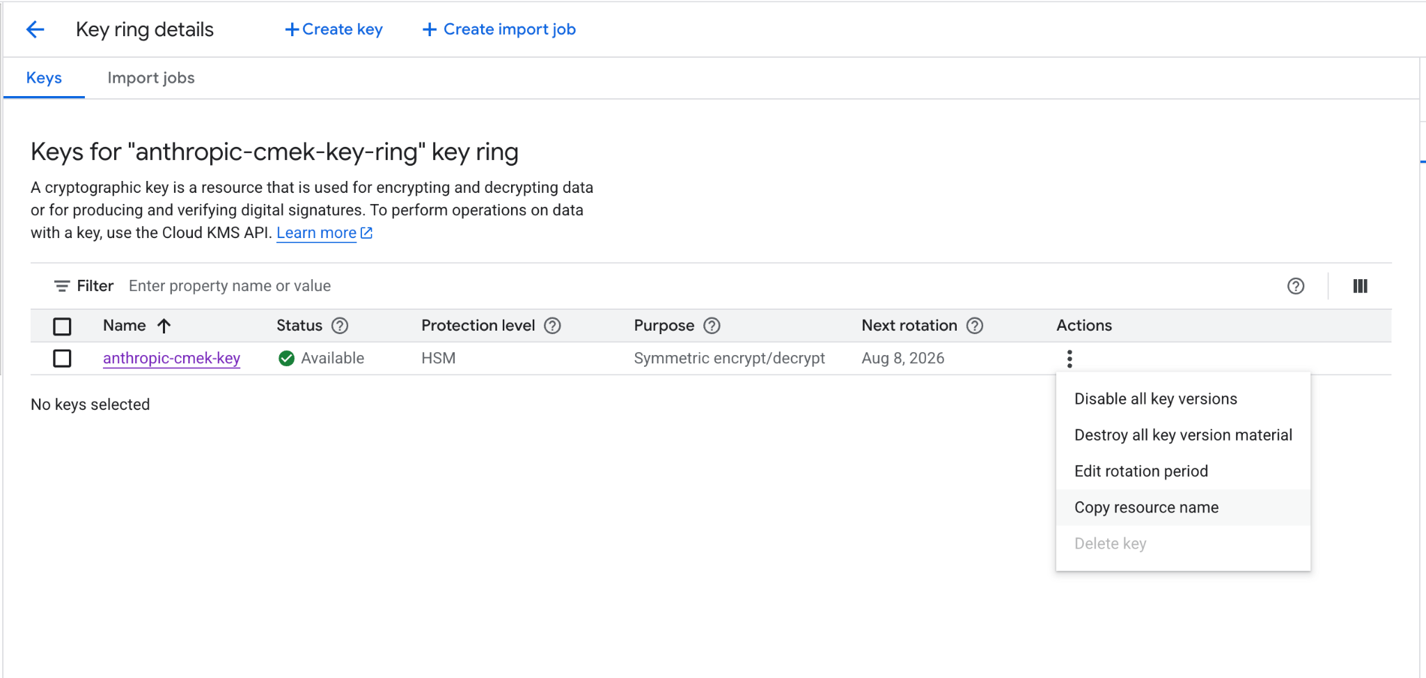 Google Cloud key ring details with the Copy resource name action highlighted in the key's actions menu.