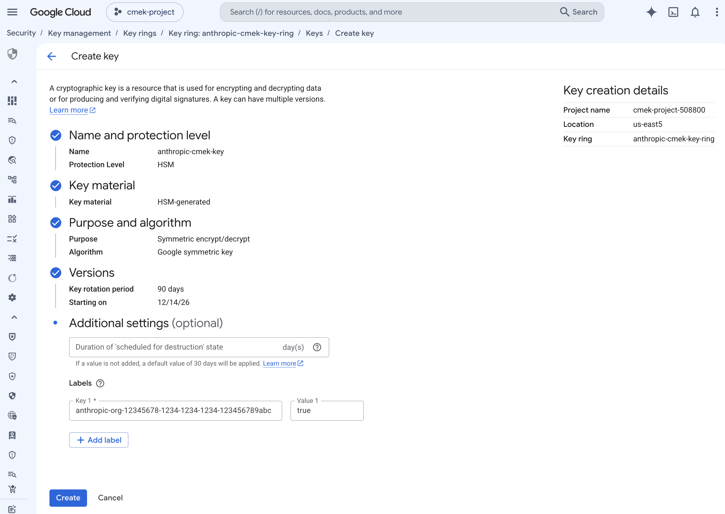 Pagina Create key di Google Cloud KMS con protezione HSM, crittografia/decrittografia simmetrica e l'etichetta anthropic-org impostata su true.