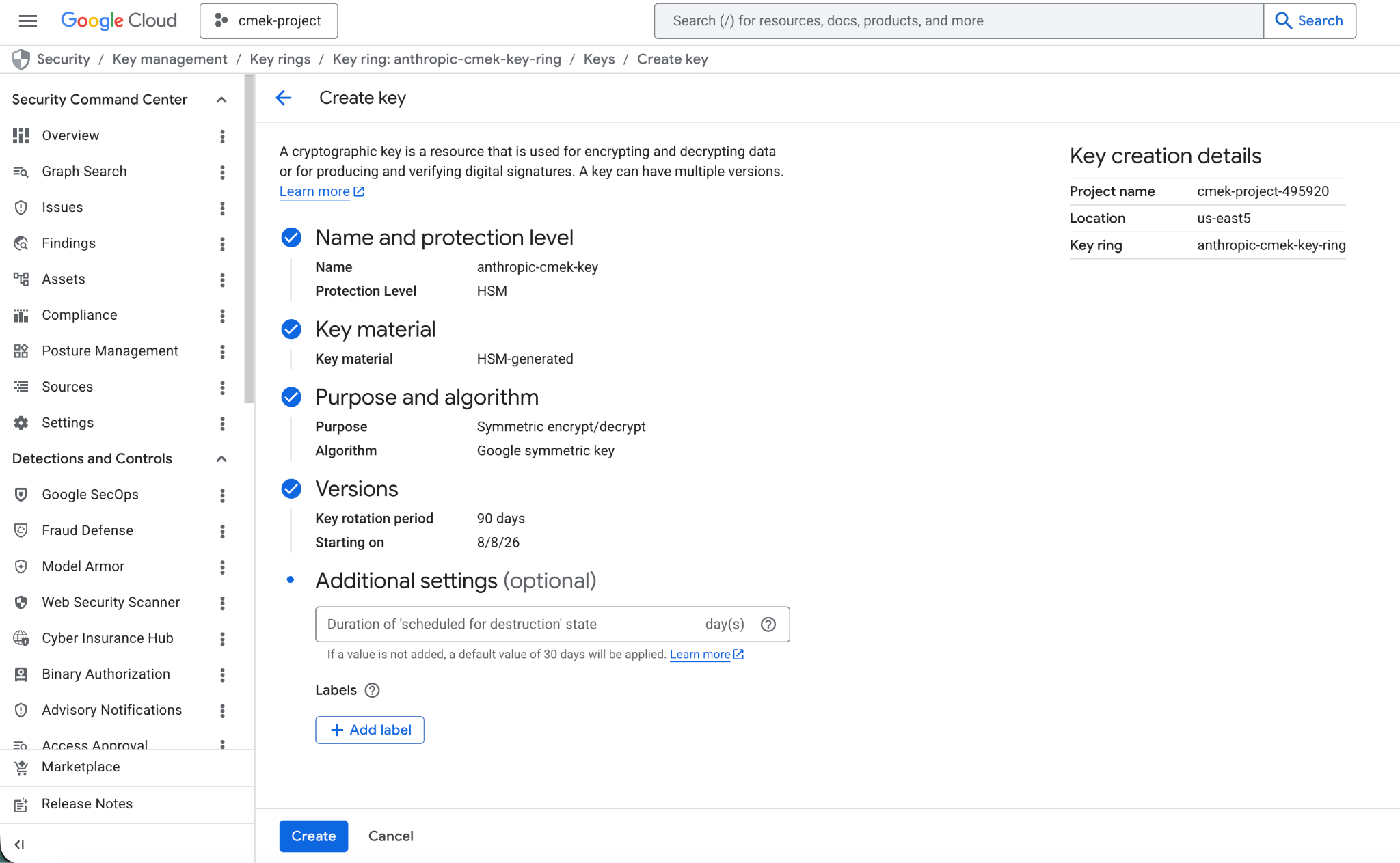 Google Cloud KMS Create key page with HSM protection level and a Symmetric encrypt/decrypt purpose.