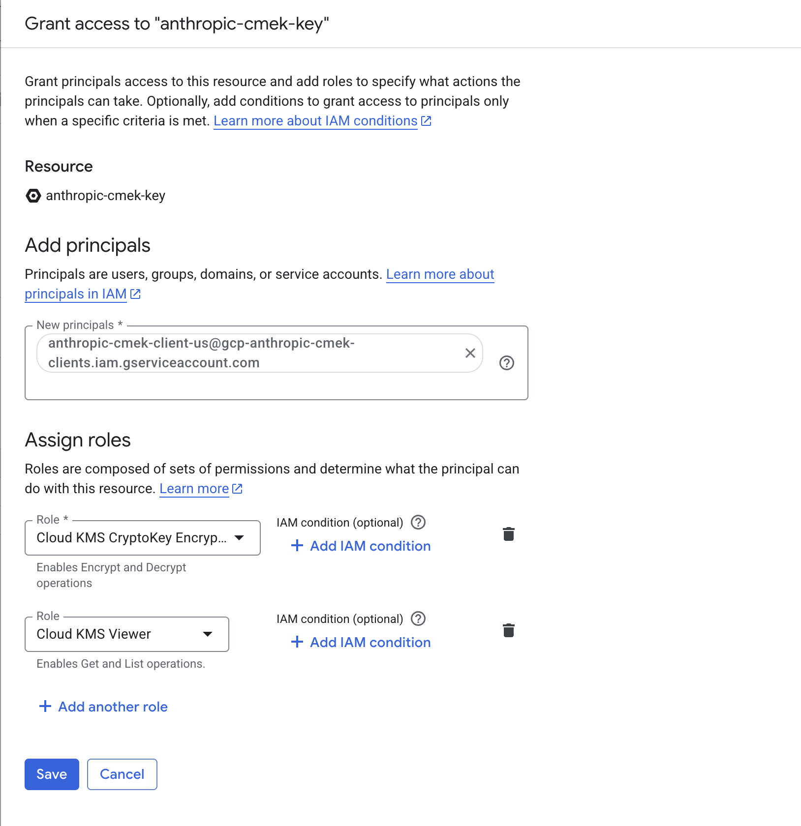 Grant access dialog with the Anthropic service account assigned Cloud KMS CryptoKey Encrypter/Decrypter and Viewer roles.