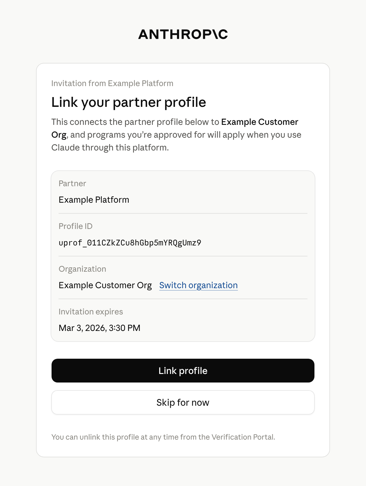 Carte du Verification Portal intitulée Link your partner profile, affichant le partenaire, l'ID du profil, l'organisation et la date d'expiration.
