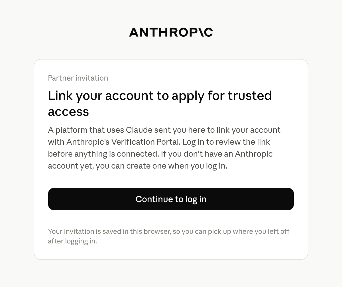 Carte du Verification Portal intitulée Link your account to apply for trusted access, avec un bouton Continue to log in.