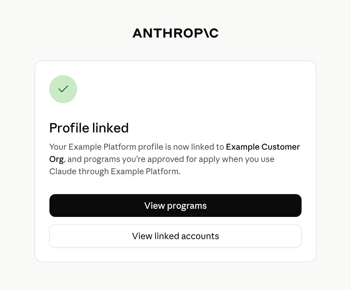 Confirmation du Verification Portal intitulée Profile linked, avec les boutons View programs et View linked accounts.